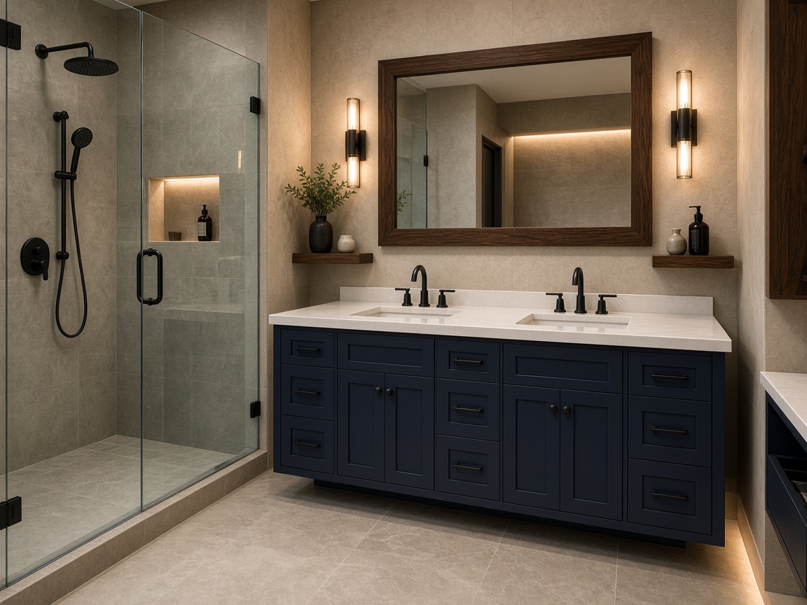 Finished custom bathroom vanity with stone top and walnut mirror