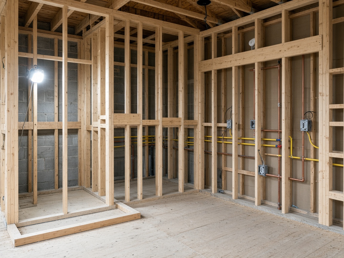 Bathroom rough framing with exposed wood studs