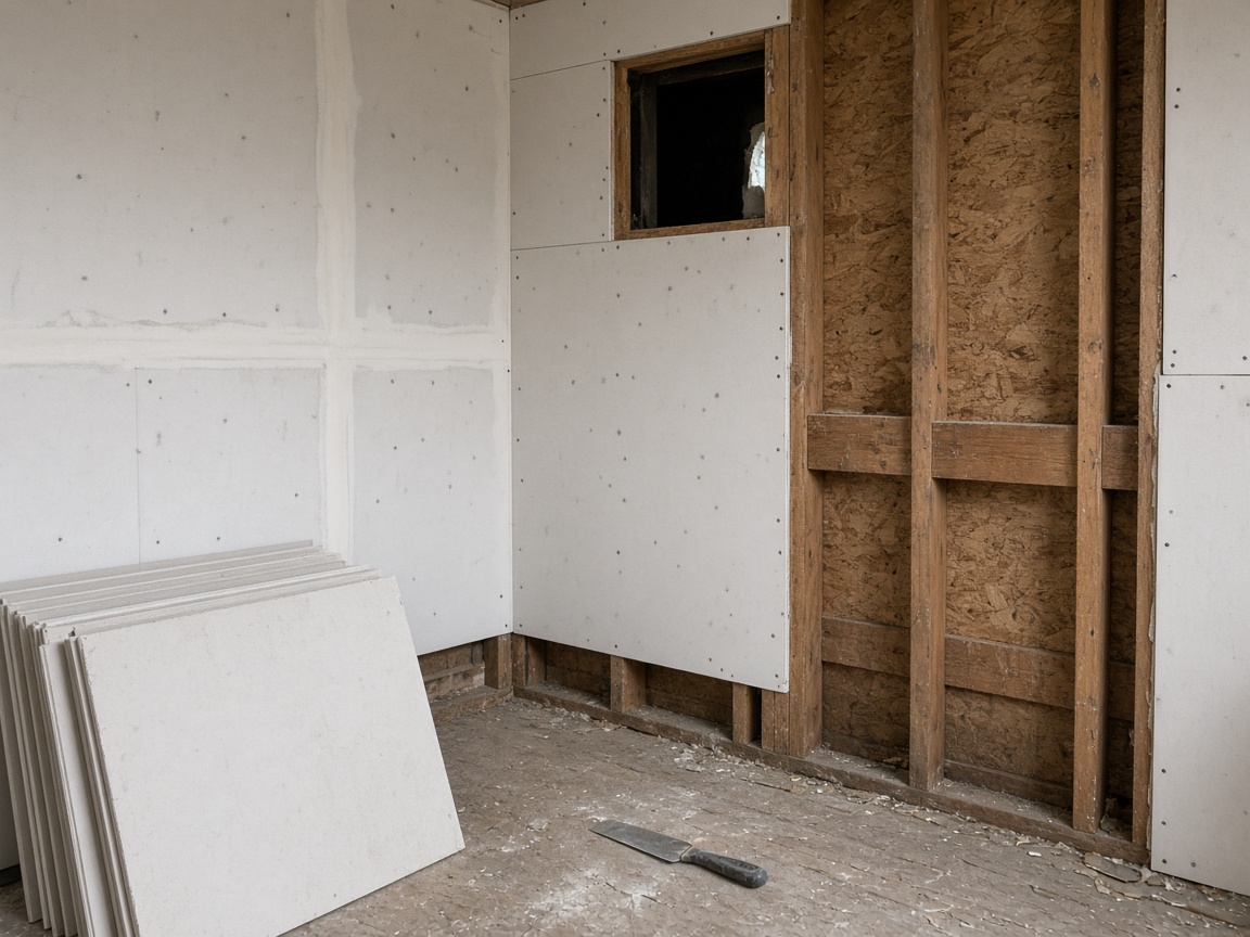 Sheetrock hanging over wood studs in a bathroom remodel
