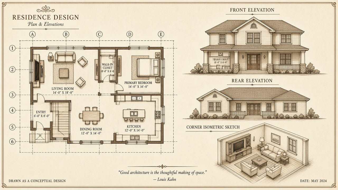 Concept visualization of a residential plan, elevation, and isometric sketch in mahogany linework