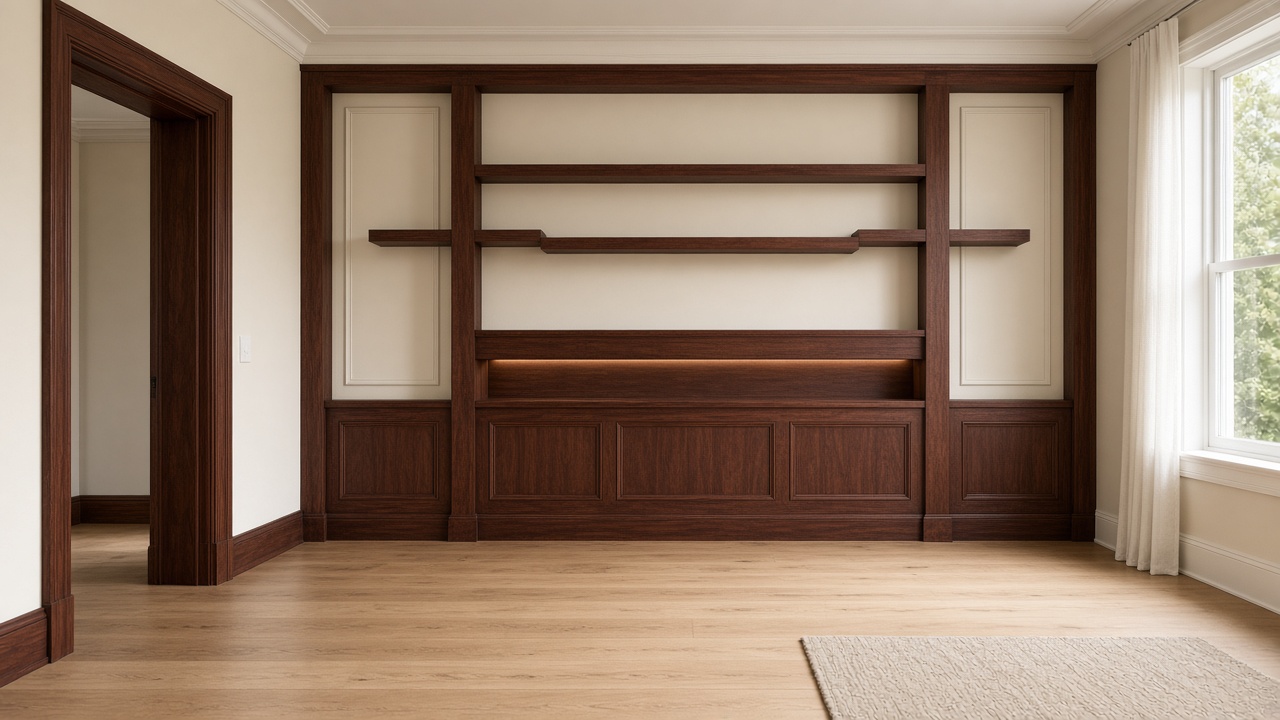 Concept visualization of mahogany trim, wall panels, floating shelves, and a custom TV wall