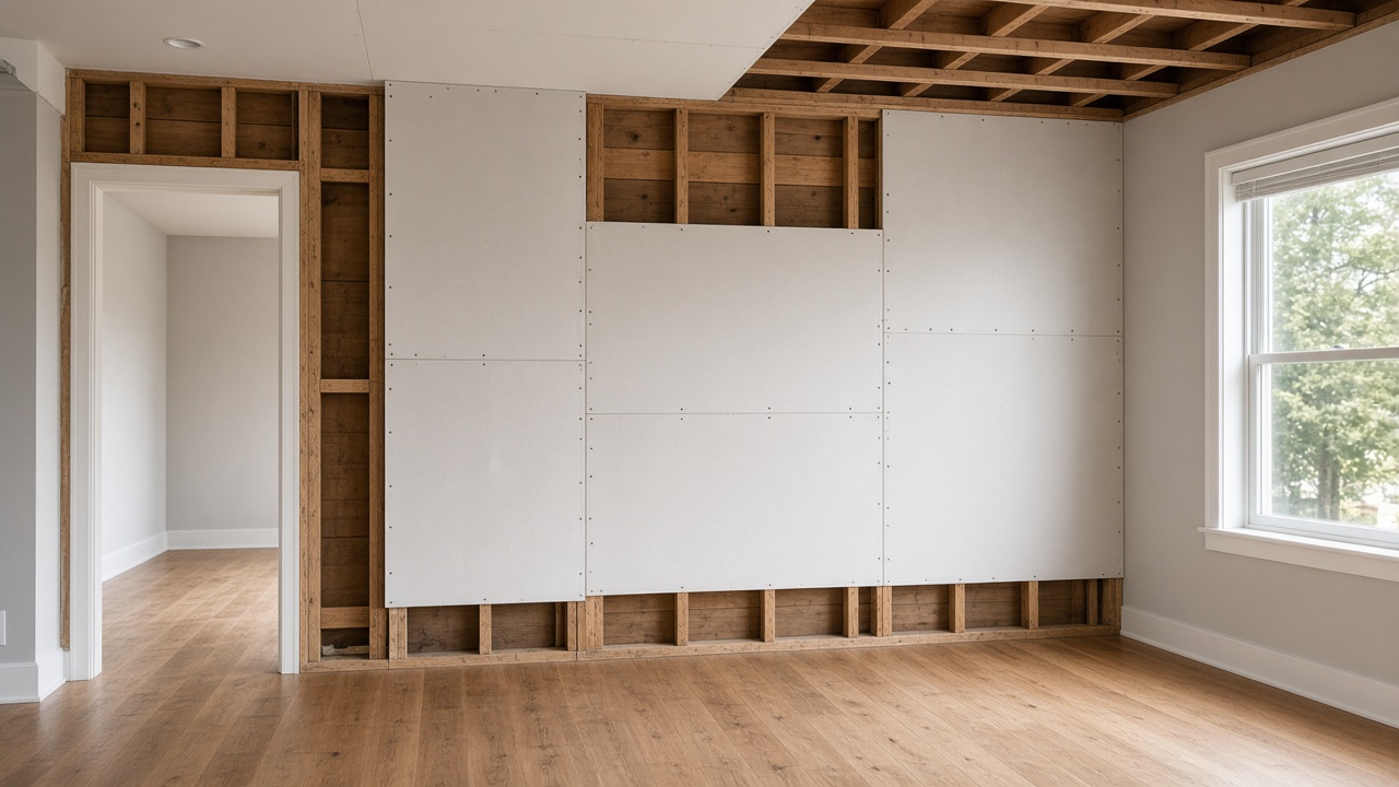 Concept visualization of sheetrock panels covering part of the wood framing, with joints and screws still visible