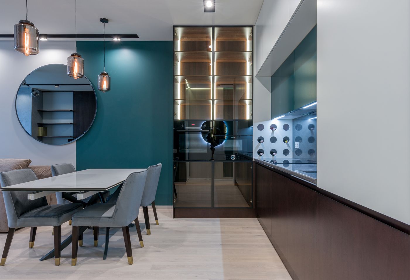 Illuminated millwork display with glass and wood