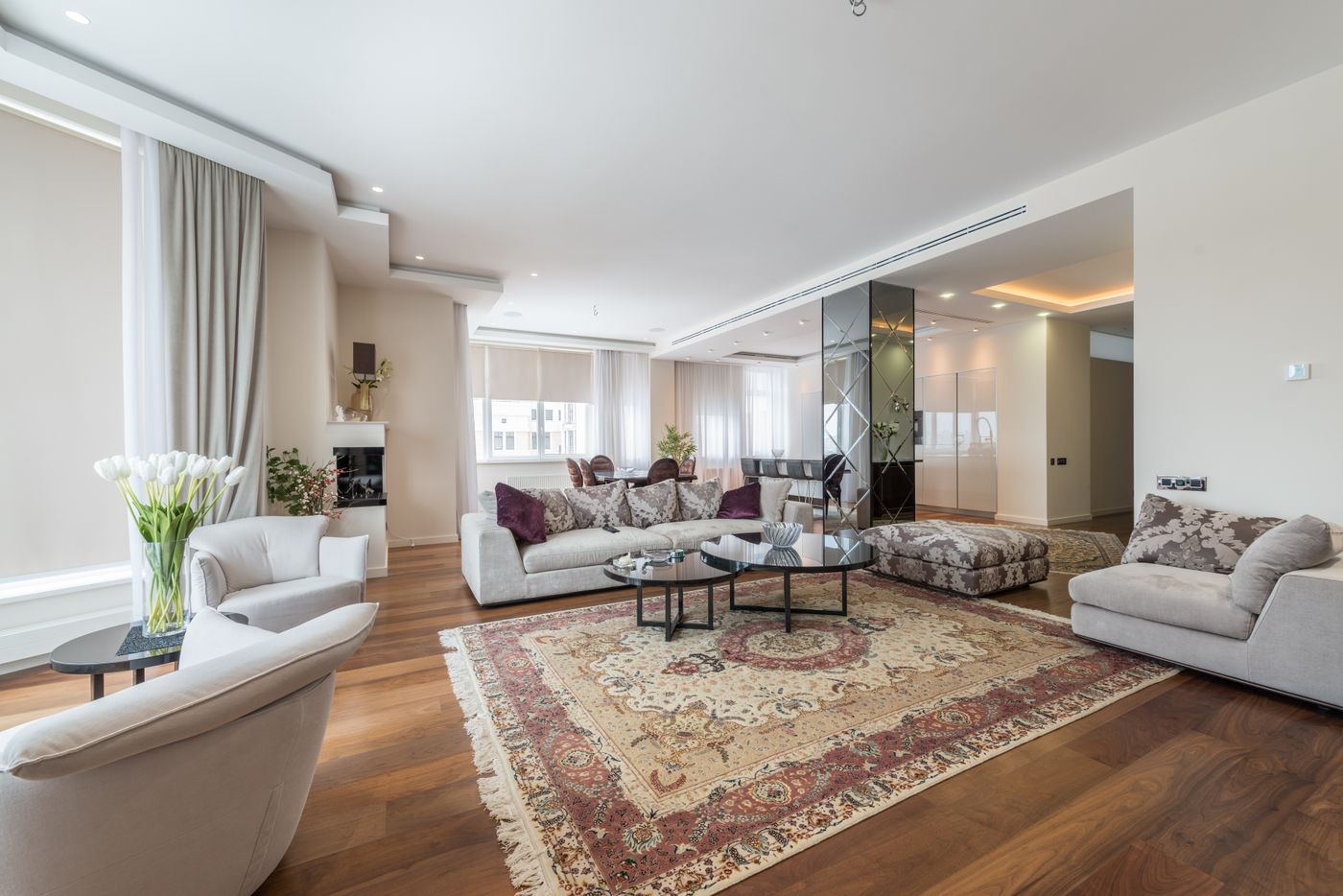 Luxury living room with recessed ceiling lighting