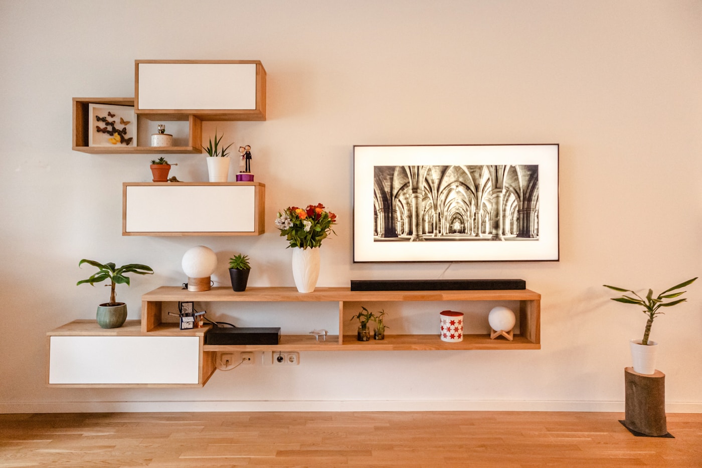 Floating shelves with warm lighting